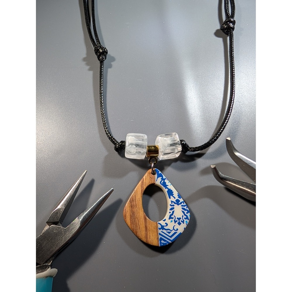 Wood and Resin Teardrop Pendant Necklace Blue White Mosaic Adjustable Cord